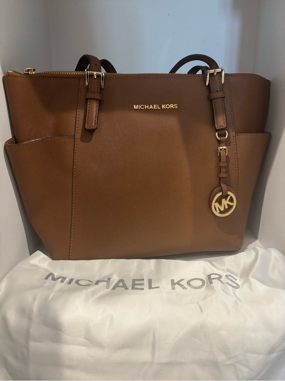 Michael Kors Cognac Saffiano Leather Tote with Gold Logo Charm
